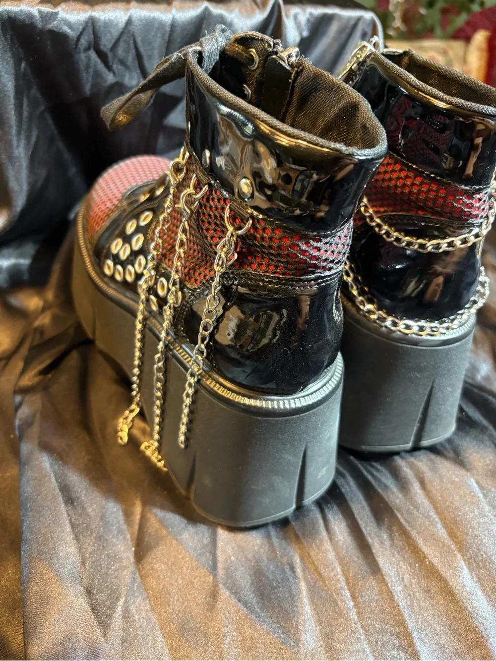 Black & Red Mesh Platform Booties with Chain Detail - Size US 9 / EU 40